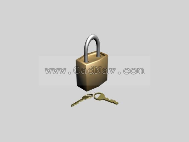 Brass padlock and key 3d rendering