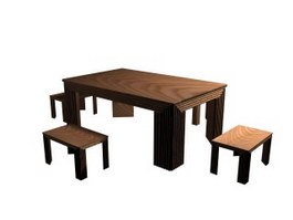 Wooden dining table and chairs 3d model preview