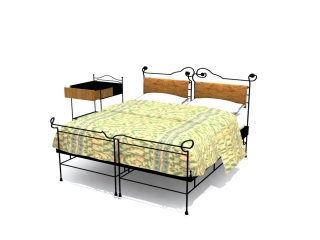 Metal double wall double-bed and bedside table 3d model preview