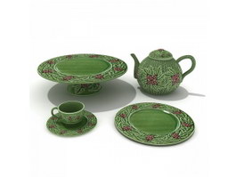 Hand Painted Ceramic Tea Set Cups and Saucers 3d model preview