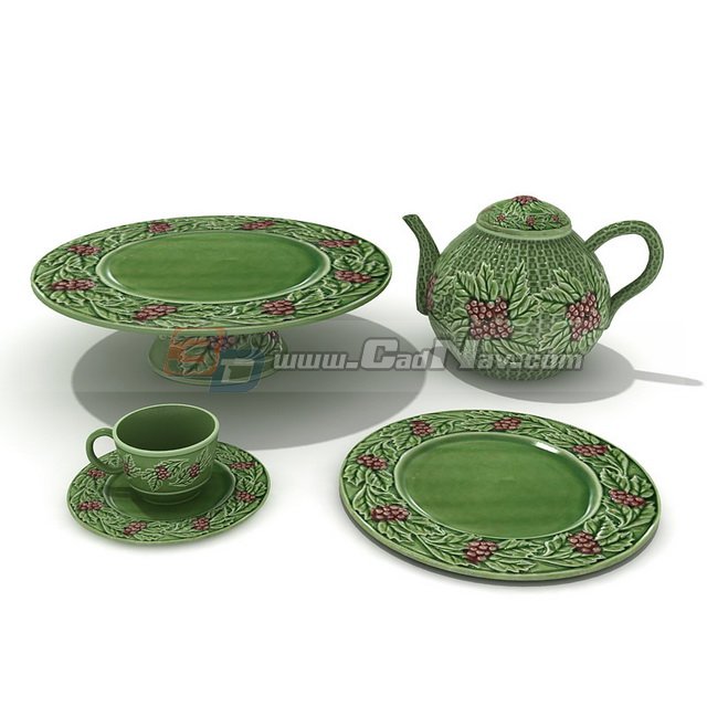 Hand Painted Ceramic Tea Set Cups and Saucers 3d rendering