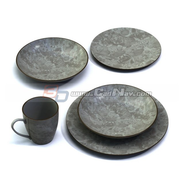 Antique porcelain flat plates and cup 3d rendering