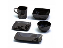 Clay Tableware set Bowl Cup and Plates 3d model preview