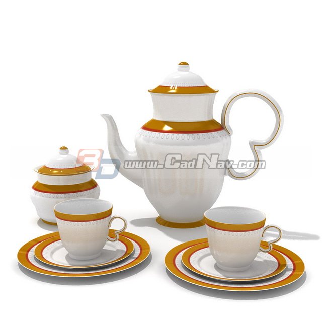 Gold plated porcelain coffee set 3d rendering