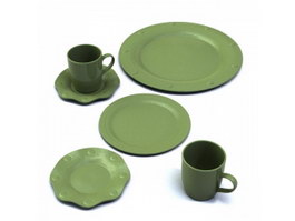 Terracotta Coffee Cups and Saucers Flat Plate 3d model preview