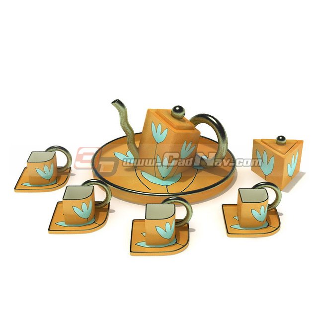 Ceramic pot and cup and saucer coffee set 3d rendering