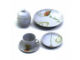 Porcelain sugar pot, dessert plate, cup and saucer 3d model preview