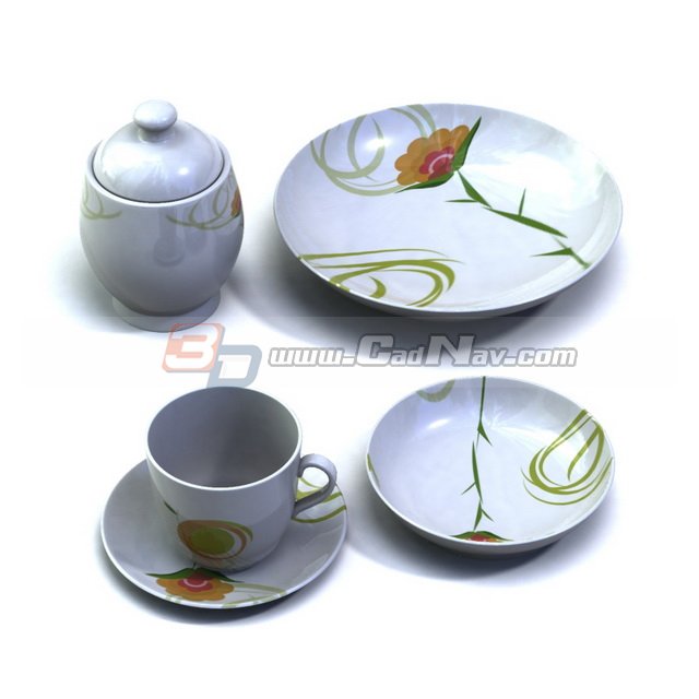 Porcelain sugar pot, dessert plate, cup and saucer 3d rendering