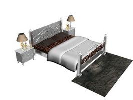 Antique wrought iron bed with bedside cabinet and floor rug 3d preview