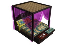 Chinese style Canopy bed with Ottomans 3d preview