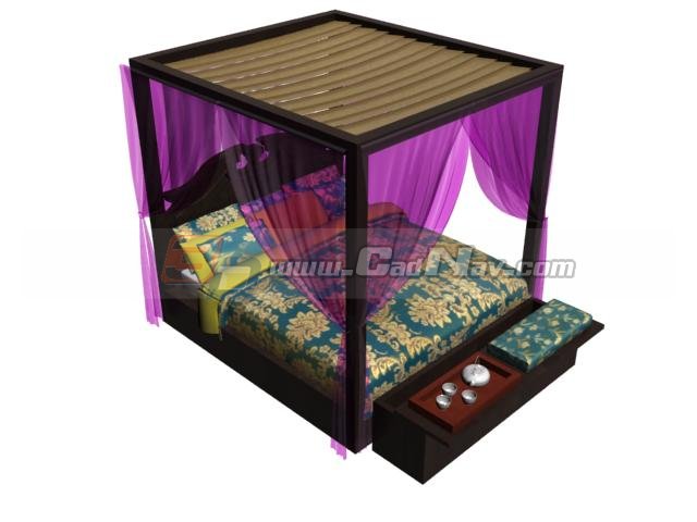 Chinese style Canopy bed with Ottomans 3d rendering