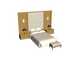 Wood Bed, Bed stool and bedside chest 3d model preview