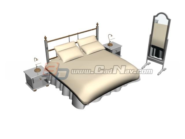 Bedroom soft bed with bedside and mirror 3d rendering