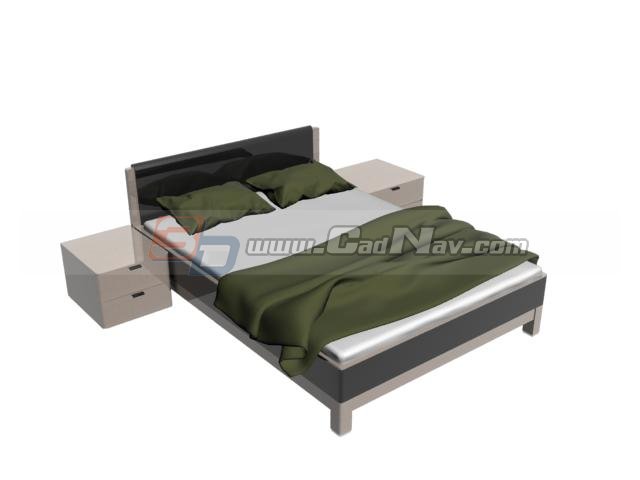 Home wood bed and bedside cabinet 3d rendering