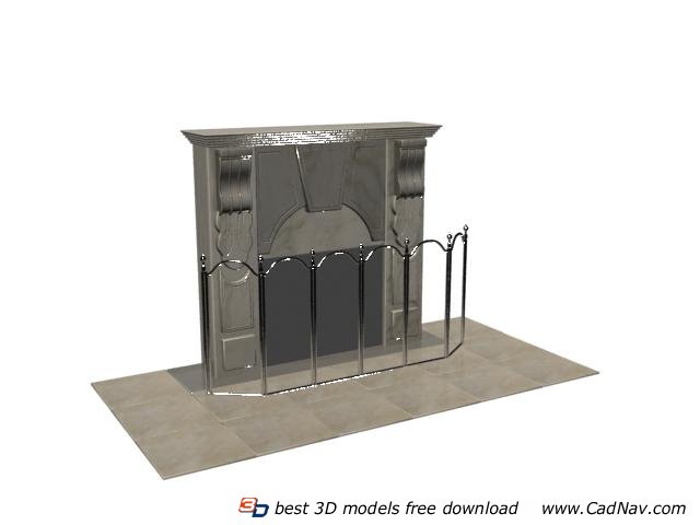 Stone Fireplace with metal rails 3d rendering