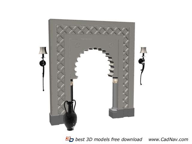 Marble fireplace mantel with wall lamp and vase 3d rendering