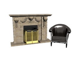 Living Room Smokeless Fireplace and Sofa Chair 3d model preview
