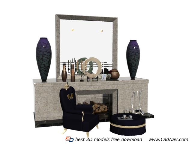 Living room fireplace and coffee table set 3d rendering