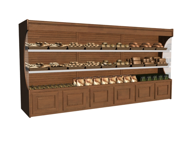 Supermarket bread display shelf 3d rendering