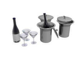 Ice bucket wine and glasses 3d model preview