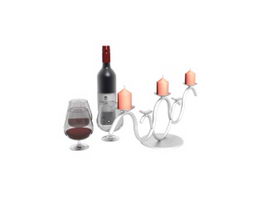 Red wine and glass, art candlestick 3d model preview