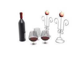 Table wine, wine glasses and candlestick 3d model preview