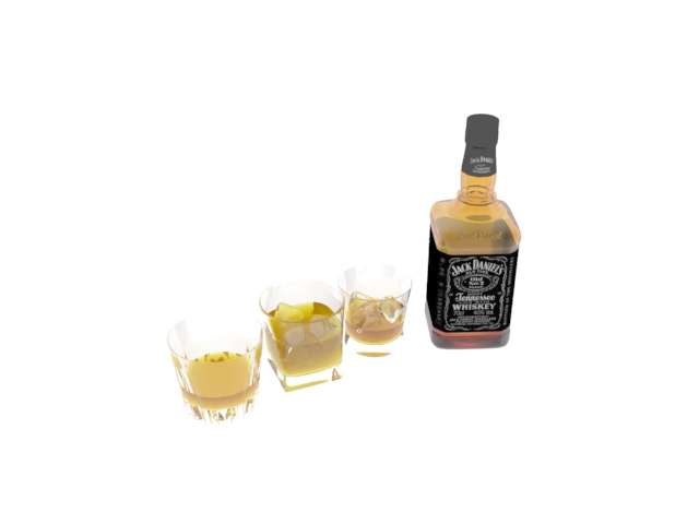 Jack Daniels and whisky glasses 3d rendering