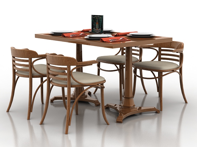 Wooden dining table set 3d rendering