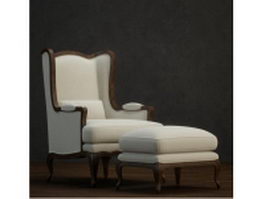 Fabric wingback chair and ottoman 3d preview