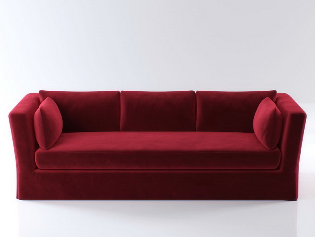 Red three seater upholstered couch 3d rendering