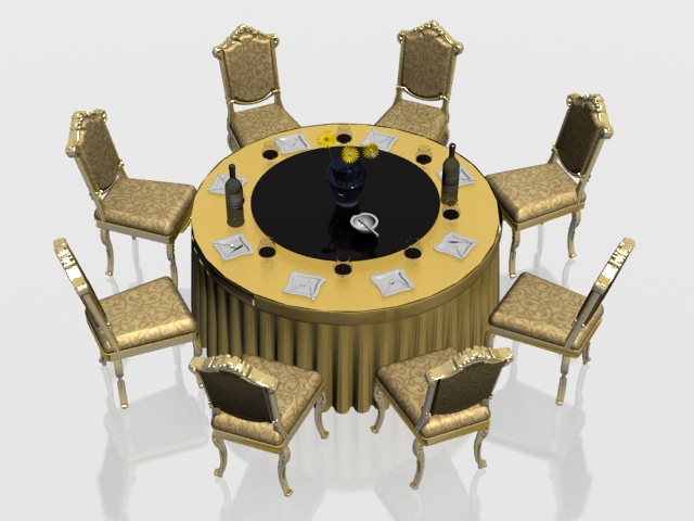 Classic round banquet table and chairs 3d rendering