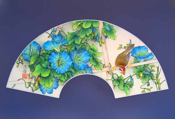 Paper folding fan - morning glory and bird pattern texture