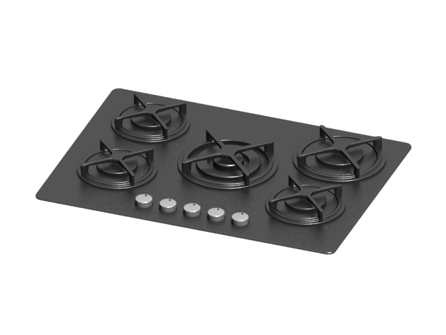 Tempered glass 5 burners gas cooktop 3d rendering