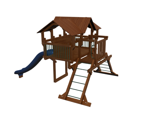 Wooden playhouse with slide 3d rendering