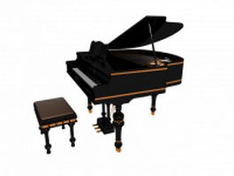 Black grand piano with bench 3d model preview