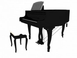 Acoustic grand piano and stool 3d model preview