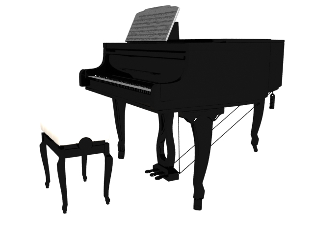 Acoustic grand piano and stool 3d rendering