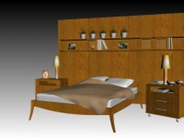 Wood bed with bedroom accessories 3d preview
