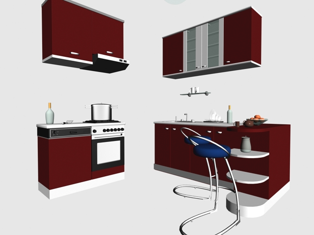 Red kitchen cabinet designs 3d rendering