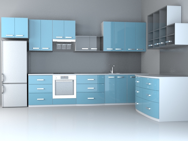 Fashion blue kitchen design 3d rendering