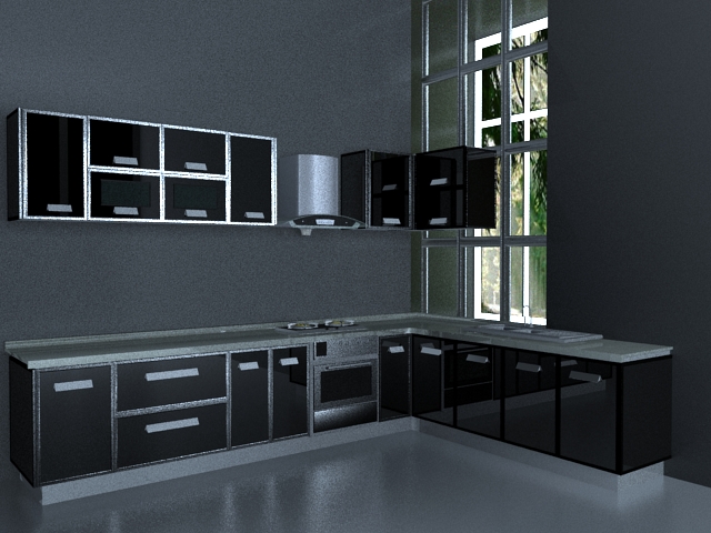 Black kitchen design 3d rendering