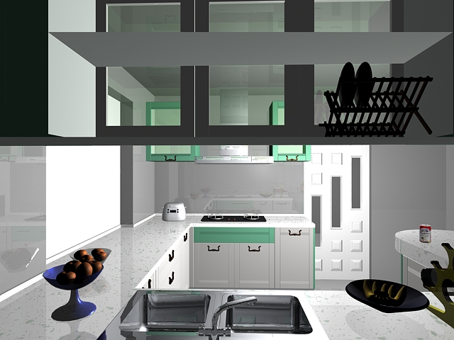 L-kitchen with bar counter 3d rendering