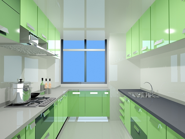 Green color double-file kitchen 3d rendering