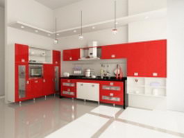 White and red kitchen design 3d model preview