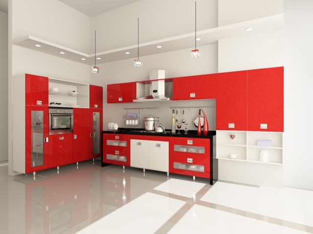 White and red kitchen design 3d rendering