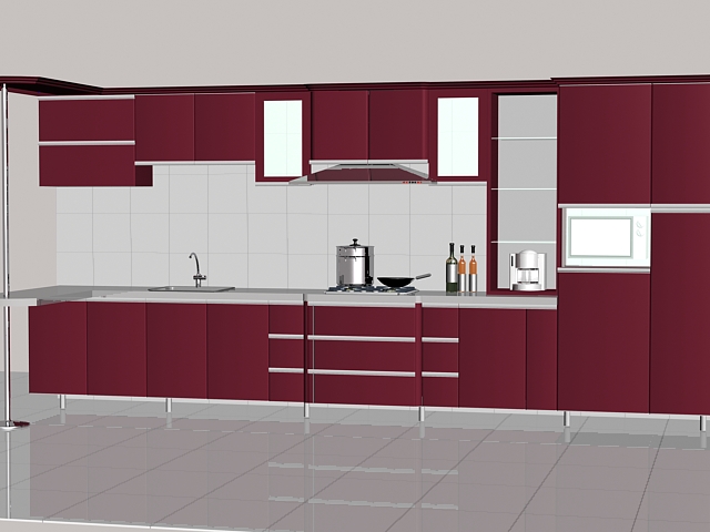 Maroon kitchen units 3d model 3dsMax files free download - modeling
