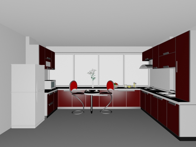Red U-kitchen design 3d rendering