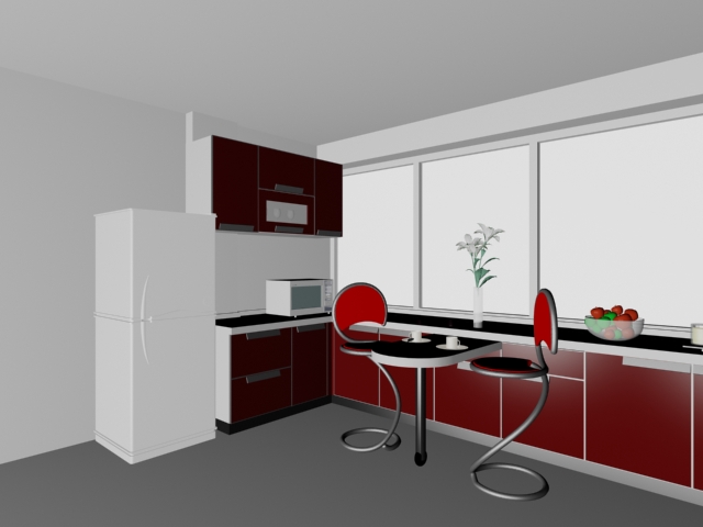 Red U-kitchen design 3d rendering