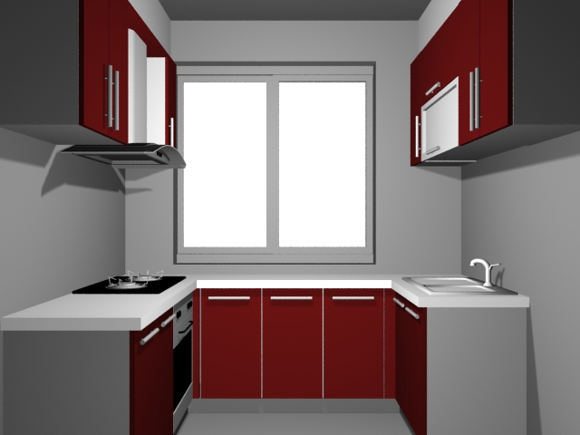 Small U-kitchen design 3d rendering