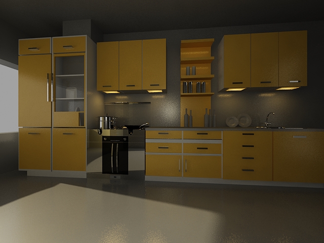Luxury orange galley kitchen design 3d rendering